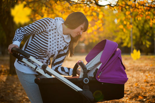 Madre paseando a su bebé en coche por un parque en otoño