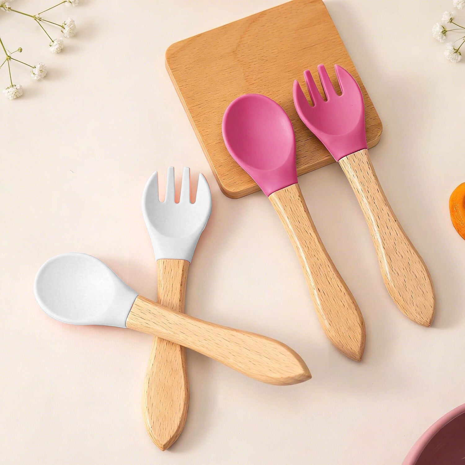 Set Cubiertos Cuchara Tenedor Bambú Silicona