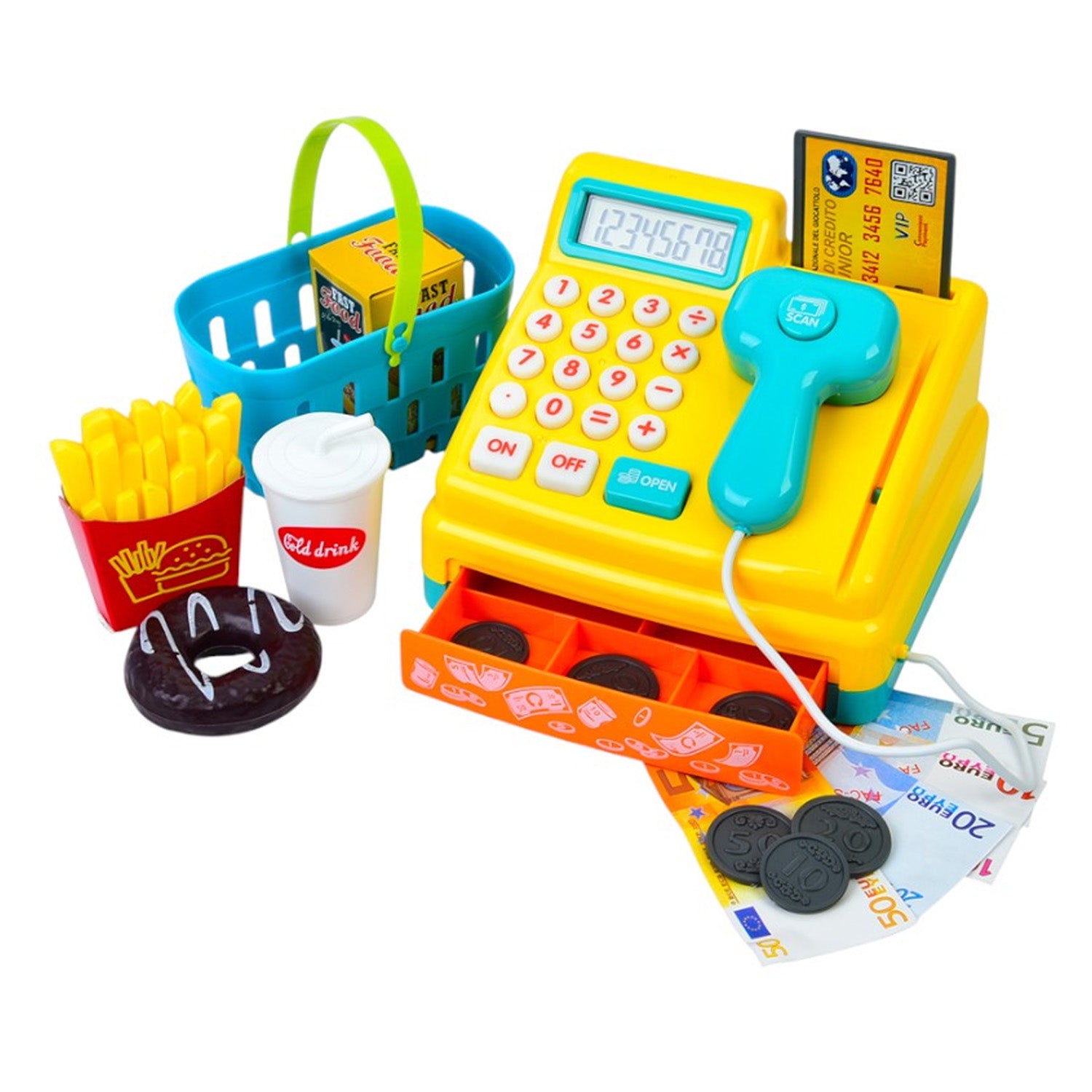 Caja registradora con canasta de productos