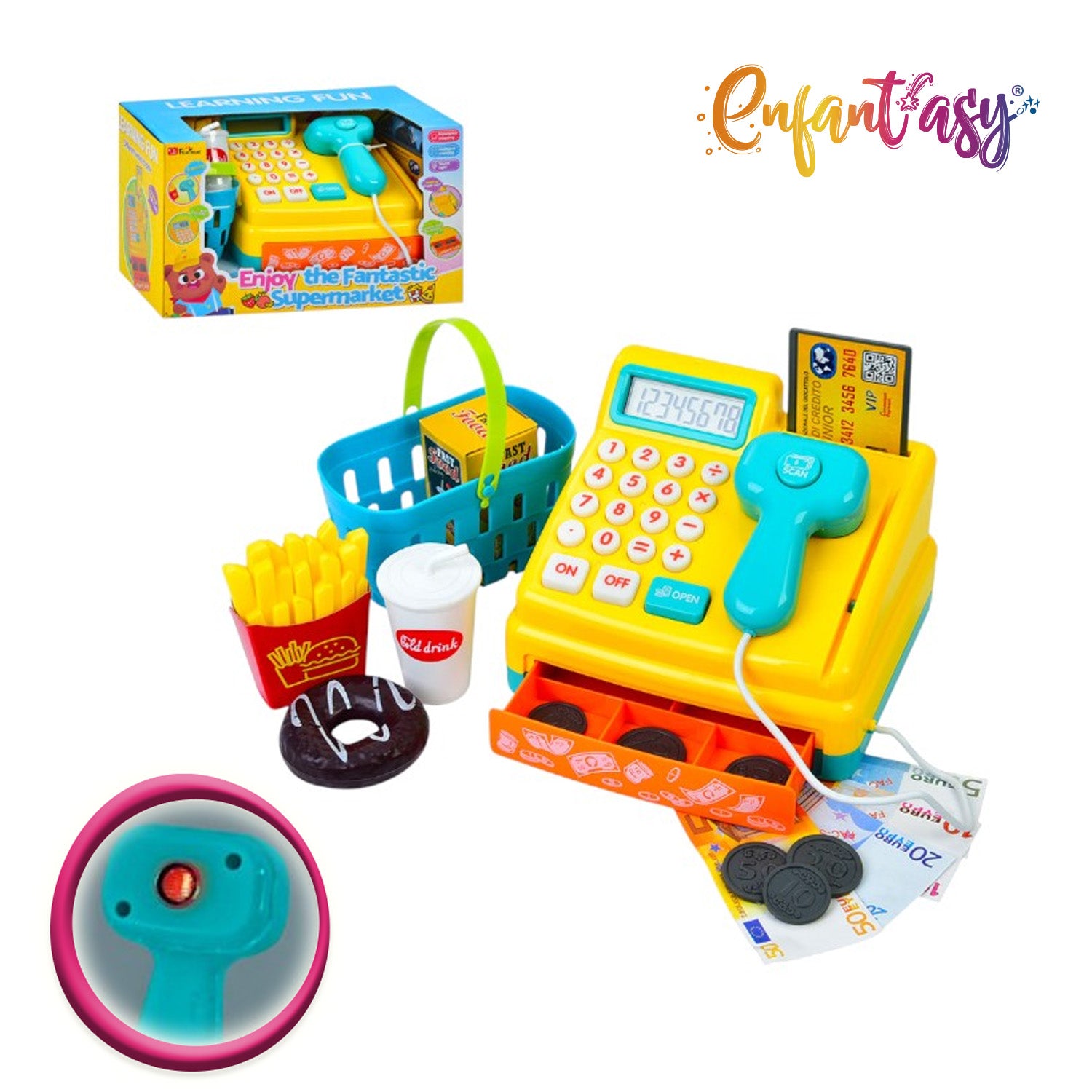 Caja registradora con canasta de productos