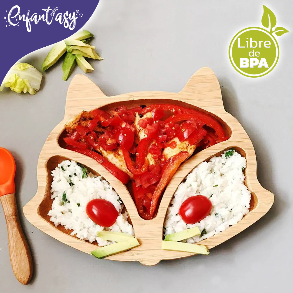 Plato Bambú antideslizante con Cuchara Silicona