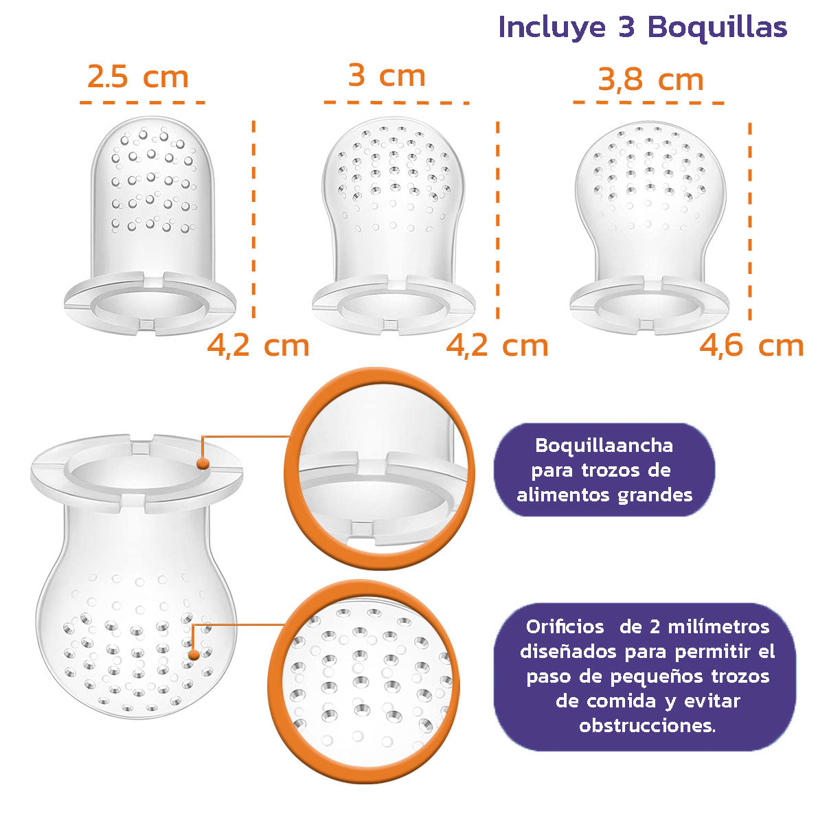 Chupo de fruta con mordedor, estuche y 3 boquillas