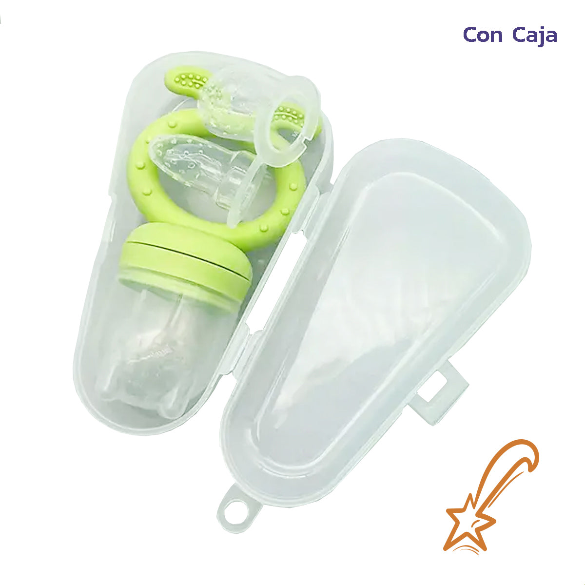 Chupo de fruta con mordedor, estuche y 3 boquillas